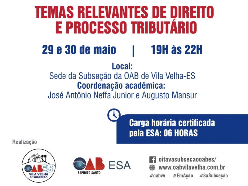 Cartaz do curso “Temas Relevantes de Direito e Processo Tributário”. Foto: Divulgação.