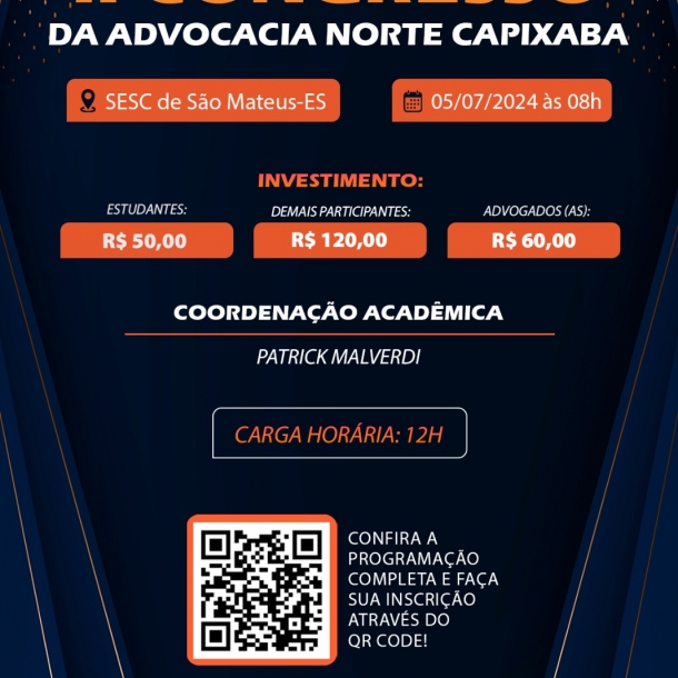 Segunda edição do Congresso da Advocacia Norte Capixaba acontece no dia 05 de julho em São Mateus