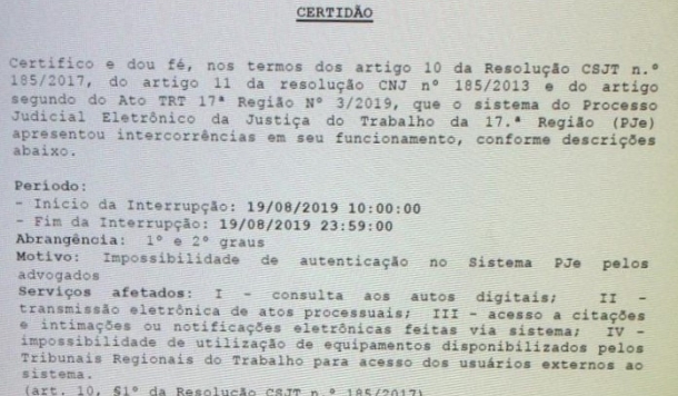 Tribunal Regional do Trabalho da 17ª Região suspende prazos nesta segunda-feira (19)