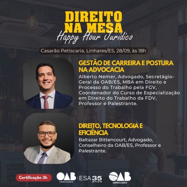 Projeto “Happy Hour Jurídico" acontece nesta quinta-feira (28/09) em Linhares