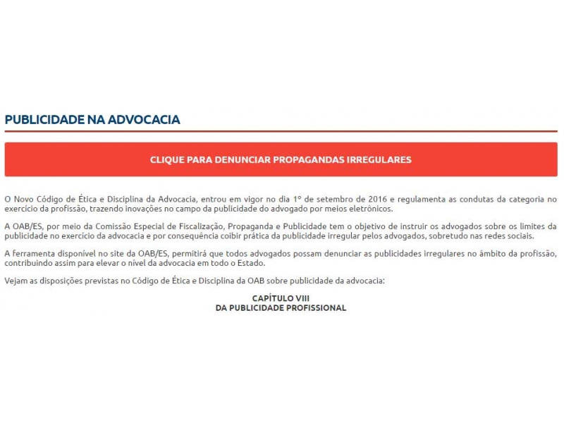 OAB-ES disponibiliza espaço para denúncias de propaganda irregular. Foto: Divulgação.