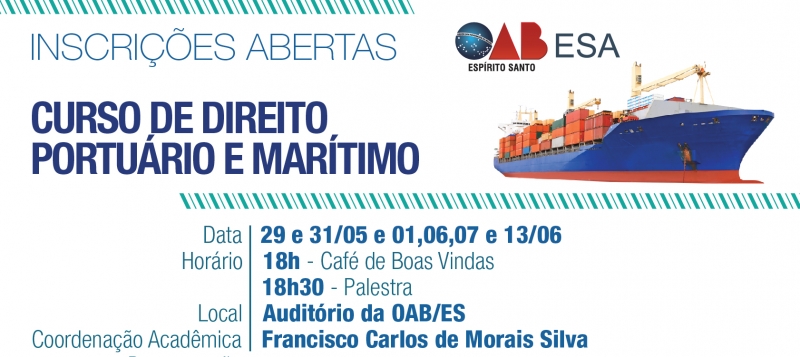 Cartaz do “Curso de Direito Portuário e Marítimo” oferecido pela ESA. Foto: Divulgação.